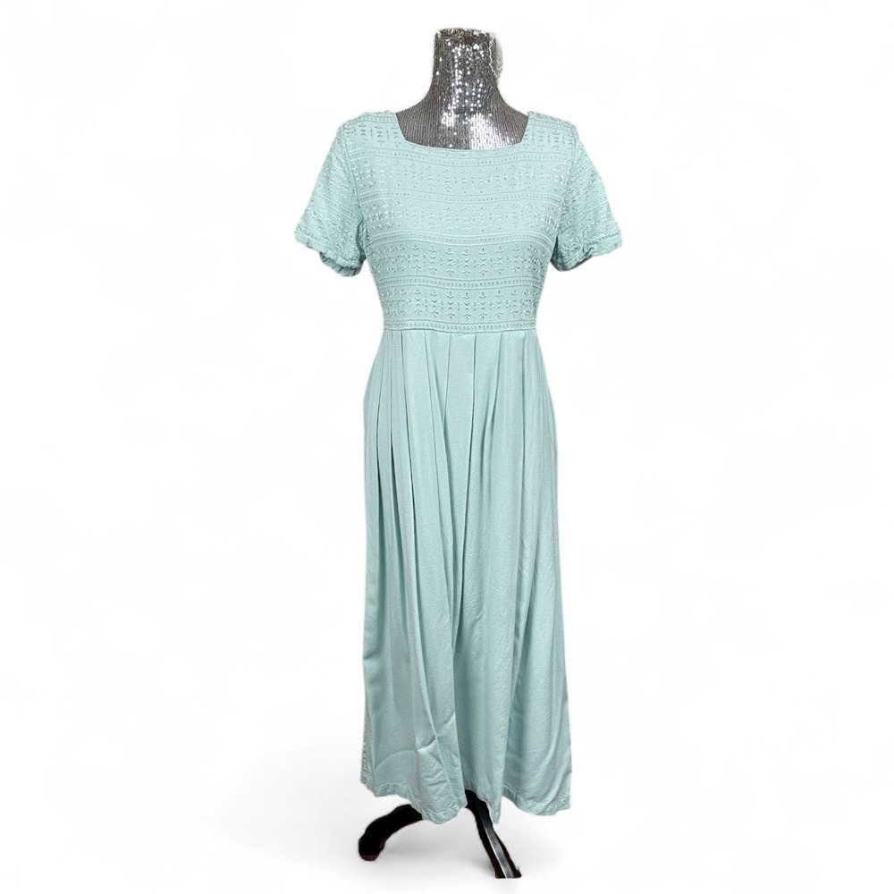 Vintage Cottagecore Eyelet Maxi Dress Prairie Short Sleeve Pastel Green Size 14